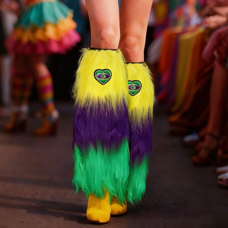Calentadores de piernas de Mardi Gras: calentadores de piernas peludos con parches de lentejuelas de colores en contraste, forro polar suave y detalle de lentejuelas brillantes, ajuste elástico para mujeres y niñas, perfectos para fiestas, escenarios, bares, desfiles de carnaval, accesorios de disfraz de cosplay. - Morado - Ver 1