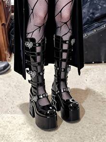 Women's Black Platform Spider Web Gothic Knee High Boots Round Toe Fashionable Sexy Current Motorcycle Party Winter Fall Shoes For Women - màu đen - Xem 8