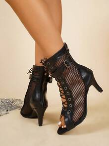 Giày cao gót nữ, quai chéo, khóa kéo sau, khóa điều chỉnh, thời trang và thoải mái, lưới rỗng màu đen, giày khiêu vũ, giày sandal đấu sĩ La Mã - màu đen - Xem 1