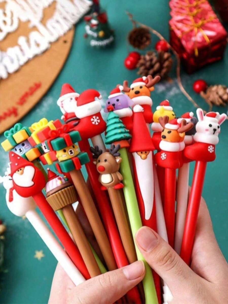 10/100pcs-Christmas Gel Ink Pens Novelty Christmas Ballpoint Pens Black Gel Ink Christmas Character Stick Pens Christmas Cartoon Gel Ink Pens Suitable For Classroom Rewards, Office Supplies, Christmas Stocking Stuffers Christmas Gift Box Filling, Christmas Gift Random Style, Not Limited To The Style Shown In The Picture - Multicolor - View 1