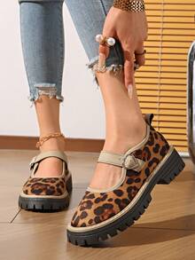 黑色玛丽珍休闲鞋，女士款，厚底防滑，搭扣设计，粗跟，适合春秋季穿着。 - 棕色 - 查看 5