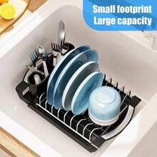 1pcs Expandable Dish Drying Rack For Sink Or Countertop, Compact Stainless Steel Dish Drainer With Removable Utensil Holder - Black - View 5