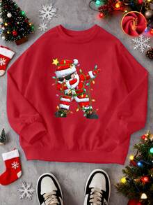Weihnachts-Sweatshirt für Jungen mit Weihnachtsmotiv: Der Weihnachtsmann trägt einen leuchtenden Streifen und posiert in einer hübschen Pose. Dieses übergroße Sweatshirt mit Rundhalsausschnitt ist ein bequemes, vielseitiges Langarmshirt für Kinder. - Rot - Übersicht 1