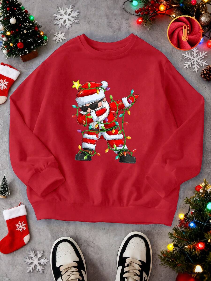 Weihnachts-Sweatshirt für Jungen mit Weihnachtsmotiv: Der Weihnachtsmann trägt einen leuchtenden Streifen und posiert in einer hübschen Pose. Dieses übergroße Sweatshirt mit Rundhalsausschnitt ist ein bequemes, vielseitiges Langarmshirt für Kinder. - Rot - Übersicht 1