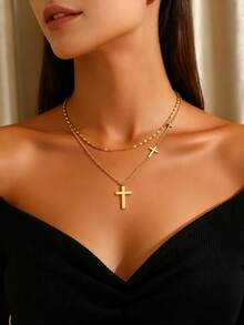 MONALLY Gold Cross Multi-Layer Necklace, Stainless Steel Exquisite Cross Pendant, Women's Christian Religious Jewelry, Daily Wear, Perfect Gift - Pendant Necklace - View 7