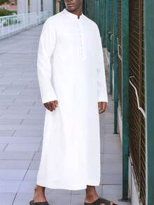 Plain Color Mandarin Collar Casual Button Half-Placket Muslim Men's Traditional Prayer Robe - White - View 4