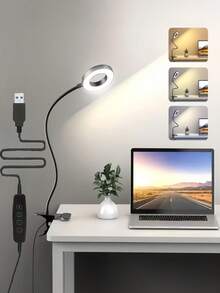 1 pieza Lámpara de escritorio con pinza LED de cuello de cisne ajustable, adecuada para mesas altas, regulable y ajustable de color, para trabajo, lectura, manualidades, computadora, videoconferencia, color negro - Negro - Ver 2