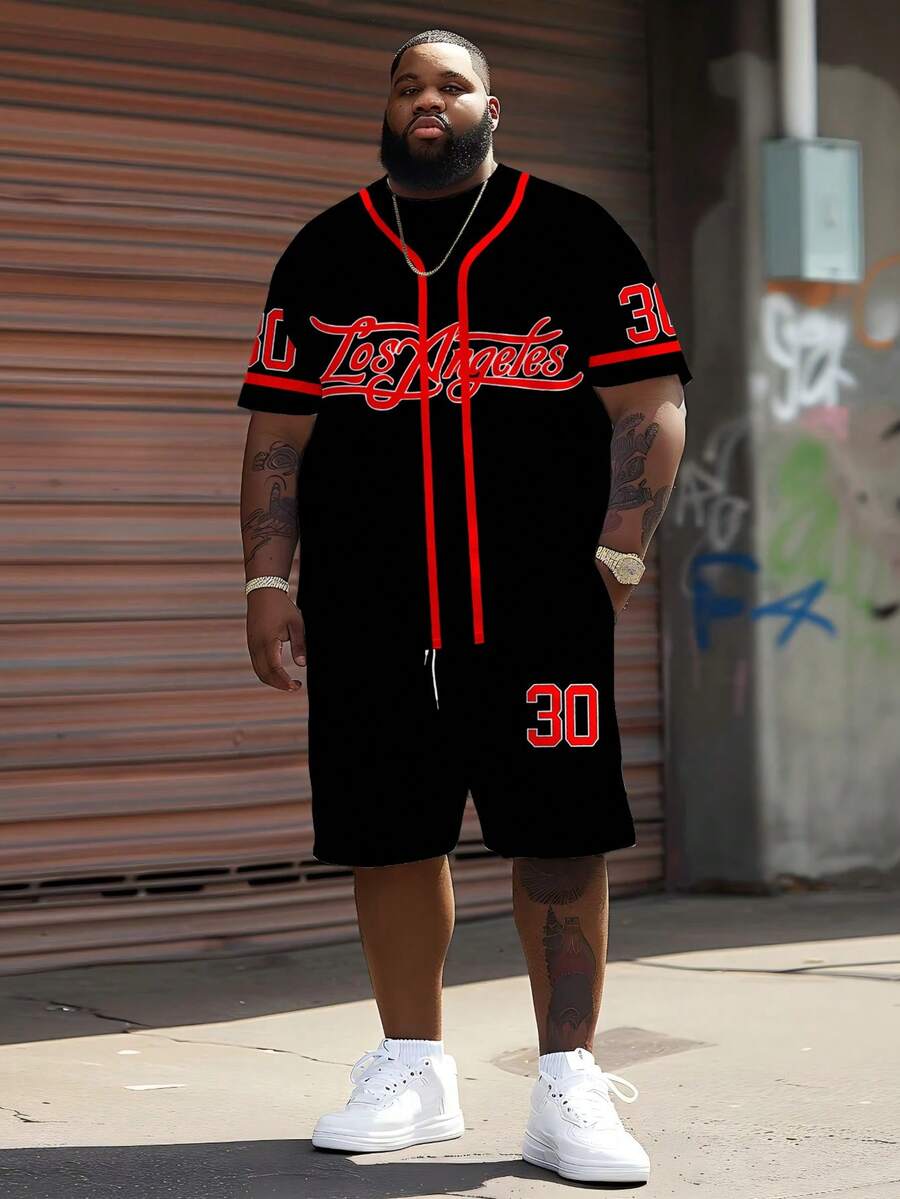 Men's Minimalist "Color Block Los Angeles Letter" Graphic Tracksuit - Polyester Knit Fabric, Round Neck Design, Drawstring Shorts, Pocket Details, Regular Fit, Suitable For Plus Size - Black - View 1