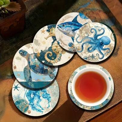 6pcs/Set Ocean Theme Wooden Coasters, Non-Slip Heat-Resistant Drink Mats With Marine Life Patterns, Protect Tabletop, Home Decor, Housewarming Gift, Ideal Holiday Present, 1 Set Of 6, 300 Sets Of 1800 Pieces