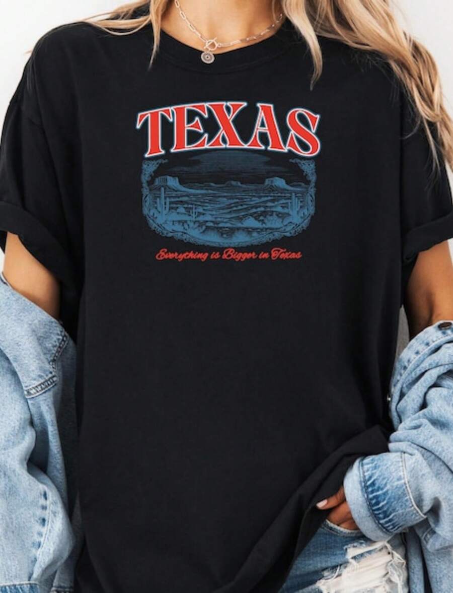 Texas Vintage Retro T-Shirt, Texas State Tee, Western Retro Shirt, Souvenir Texas Tee, Distressed Re - 黑色 - 查看 1