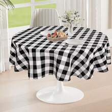 DWCN 1 Stück karierte Tischdecke, runde Tischdecke, waschbare, wetterfeste, fleckenabweisende und wasserdichte Tischdecke für den Außenbereich, ideal für Picknicks, Esszimmer, Gartenpartys und Hochzeiten. - Khaki und Weiß - Übersicht 2