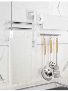 1pc No Drill Stainless Steel Towel Rack, Bathroom Organizer Foldable Rotating Hanging Shelf - White - View 10