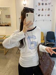 Printed Oblique Shoulder Long Sleeve T-Shirt For Women, Loose Fit & Slimming, Autumn/Winter - White - View 3