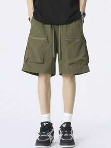 Men's Cargo-Style Bermuda Shorts, Made Of Non-Stretch Fabric, With Drawstring And Pockets. - Dark Green - View 2