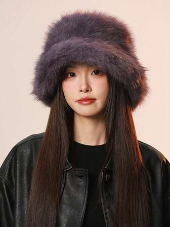 1pc Women's Fluffy Bucket Hat, Lightweight Breathable Casual Simple Fashion Versatile Bucket Hat, Autumn/Winter, Outdoor Warm, Unisex, Suitable For Daily Use