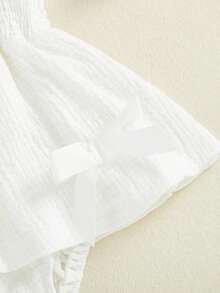 Conjunto de 2 piezas para niña bebé, sin mangas, cuello cuadrado, color liso, con volantes, vestido, diadema con lazo - Blanco - Ver 6