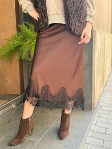 Women Satin Lace Trim Midi Skirt Polka Dot Print High Waist Long A-Line Skirts Vintage Silk Going Out Dress Y2k Streetwear Party Clubwear - 咖啡棕 - 查看 6