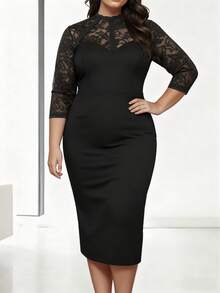 HOMEYEE Vintage Lace Patchwork Stand Collar 3/4 Sleeve Bodycon Dress, Elegant Office Lady Business Casual Wear, Plus Size Black Summer - 黑色 - 查看 10