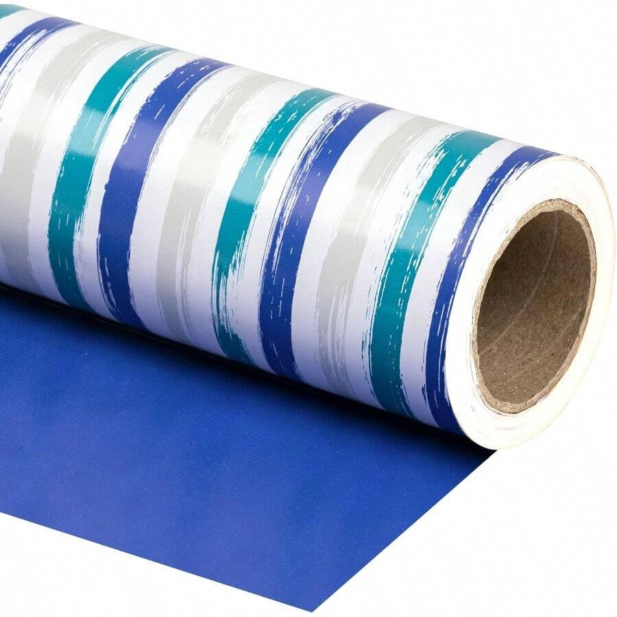 WRAPAHOLIC Papel de regalo reversible azul Mini rollo 17 pulgadas x 33 pies Papel de regalo para cumpleaños día festivo boda baby shower - Azul - Ver 1