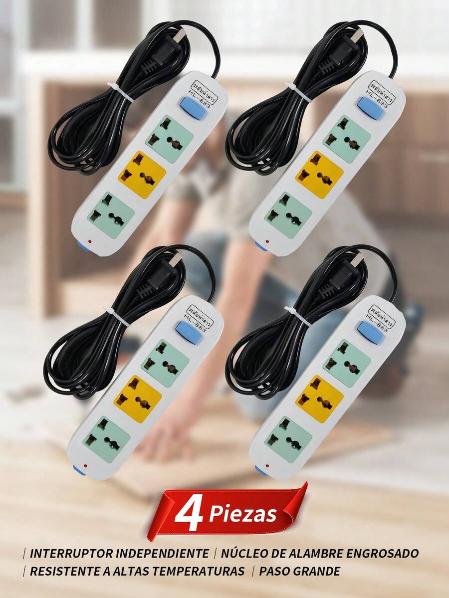 4 piezas Multicontacto Extensión con 3 enchufes,Regleta Universal,Toma de corriente, cable de extensión, toma de corriente CA,110V-220V/10A ,toma de corriente de carga, fácil de transportar,adecuado para uso doméstico, oficina y viajes. - 4 piezas - Ver 1