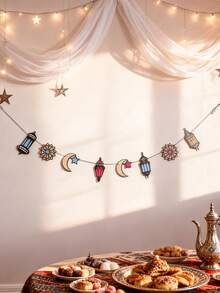 1set Festival Lantern Moon Star Garland Set Ramadan Theme Hanging Banner Middle Eastern Inspired Decorative Bunting Geometric Crescent Star Cutout Ornament Set Festive String Decor Celebration Home Decoration Party Wall Hanging Entryway Living Room Window Display Holiday Accent Seasonal Scene Styling Prop Eid Celebration Atmosphere Decor Gift Accent - Multicolor - View 2