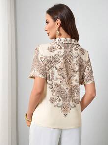 Women's Casual/Commute Paisley Print Button Front Short Sleeve Shirt, Random Floral Pattern - Beige - View 6