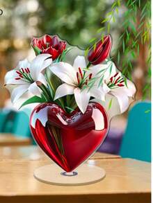 2D亚克力旋转桌面展示架 - 红色心形花瓶，配白色百合和红色郁金香，亮黑色底座，无需电源，优雅设计，适用于情人节、周年纪念日、婚礼、家居和办公装饰，表面抛光，完美礼物，2D平面 - 彩色 - 查看 1