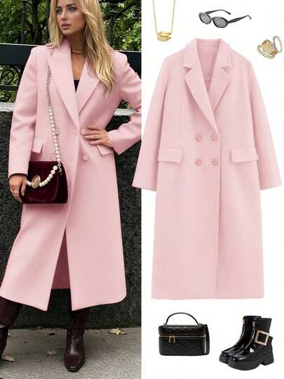Women's Elegant Turndown Collar Fashion Commuter Casual Wool Blend Coat, Suitable For New Year, Pink
