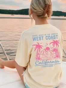 Áo thun nữ tay ngắn cổ tròn kiểu dáng mùa hè mới, đơn giản, dễ phối đồ với họa tiết cây cọ, phù hợp mặc hàng ngày. Áo thun in hình, áo thun nữ đi nghỉ mát. - Màu be - Xem 6