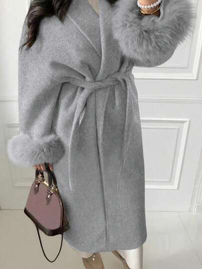 Women's New Elegant Tie-Up Faux Fur Sleeve Jacket, High-End Wool-Like Fabric, Belted Long Coat, Slimming, Kimono Style, Autumn/Winter