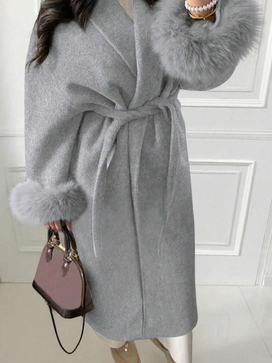 女士新款优雅系带仿毛皮袖外套，高档羊毛质感面料，系带长款大衣，修身显瘦，和服式设计，秋冬款 - 淺灰色 - 查看 1