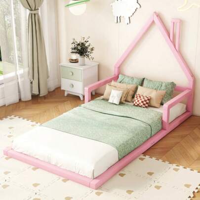 90*200cm Kinderbett, Flachbett, Hausform, Kiefer Massiv, Einfache Form,Rosa