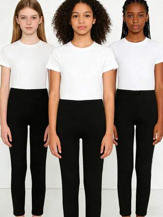 Conjunto de 3 piezas de leggings casuales negros elegantes y lindos para niñas jóvenes, de punto elástico, suaves y cómodos, ropa de niñas con estilo versátil y apropiado para vacaciones, muy adecuado para actividades al aire libre en primavera, verano, otoño e invierno, escuela, ciclismo, correr, bailar, yoga, reuniones de fiesta y uso diario en el hogar, Navidad