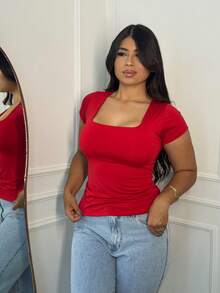 Women's Short Sleeve Romper With Square Neckline In Spandex, Casual Style And Bodycon - 紅色 - 查看 2