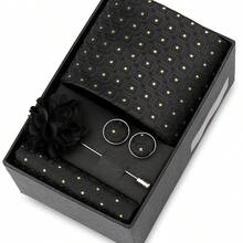 男士正式婚礼领带套装，涤纶面料领带，口袋巾，袖扣，胸针礼盒套装，金色格子图案 - 混色 - 查看 55