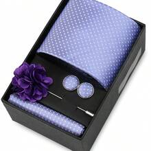 男士正式婚礼领带套装，涤纶面料领带，口袋巾，袖扣，胸针礼盒套装，金色格子图案 - 混色 - 查看 66