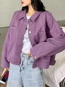 Chaqueta de mujer Novedades de la colección primavera: chaqueta vaquera morada holgada y corta para mujer Top informal vintage estilo Hong Kong Chaqueta vaquera morada holgada con cuello, botones en la parte delantera y bolsillos para mujer - Morado - Ver 7
