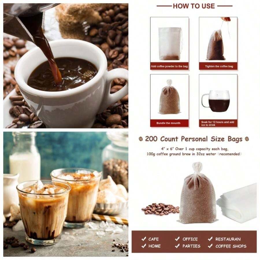 200 filtros de caf sin ensuciar, filtro de caf, bolsas de filtro de t desechables de malla con cordn para concentrado, cafetera, caf fro, t de hojas sueltas - inicial - Ver 1