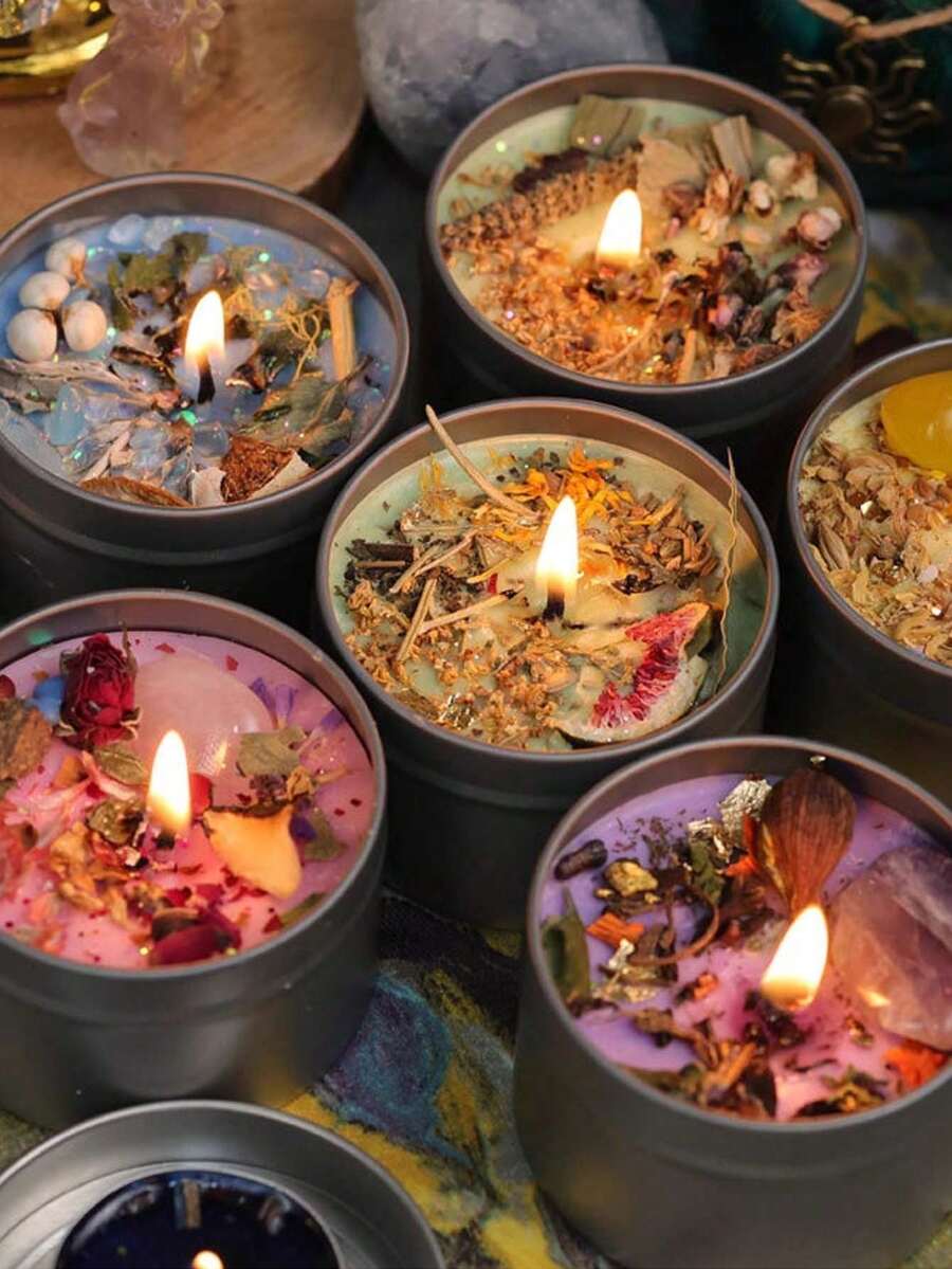 1个复古铁罐花香蜡烛，天然大豆蜡，持久留香，适合家居装饰 | 精致礼品、派对用品、房间装饰（由于手工制作，干花摆放位置随机）