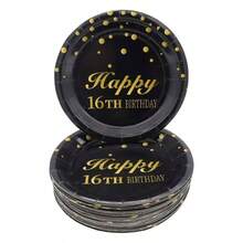 16th Birthday Party Supplies, 50 piezas Happy 16th Birthday+platos desechables de papel de pulgadas para 16 aos de edad de cumpleaos - Dorado y black - Ver 1
