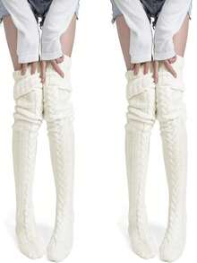 1 Pair Solid Color Knitted Thigh High Socks, Knitted Thick Leg Warmers, Extra Long Slouchy Socks For Autumn/Winter, Thermal Lined Tall Socks For Women, Suitable For Fall/Winter, Holidays And Parties, Perfect Christmas New Year Gift - Pink - View 4