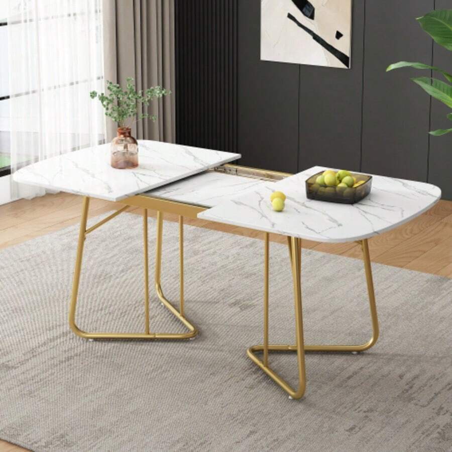 White Extendable Dining Table With Marble Structure, Gold-Plated Metal Table Legs, Extendable Dining Table 140/180*80 Cm, Exquisite Luxury Style, White Rectangular Dining Table, Suitable For 4-6 People - Marble - View 1