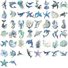 50张海洋生物主题烫印贴纸，适用于笔记本电脑、水瓶、行李箱、日记本等，防水涂鸦PET材质，可粘贴于各种物品上。 - 彩色 - 查看 7