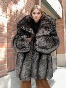 FHILLINUO Women's Luxury Faux Fur Mid-Length Coat With Collar And Long Sleeves, Fluffy, Suitable For Christmas, New Year And Thanksgiving, Women's Winter Jacket - Multicolor - View 3