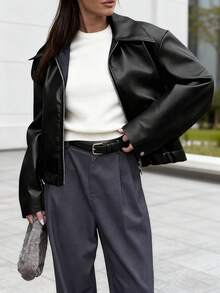 Black Edgy Biker Casual Loose Long Sleeve Leather Jacket For Women, Autumn/Winter Fall Cloth For Women  Women'S Motorcycle Style Faux Leather Jacket - Loose Fit, Zip-Up With Button Details, Beige Casual Streetwear Coat For Winter & Fall, Motorcycle Riding Gear  Jacket  Jackets For Women  Cardigan  Define Jacket  Sports Jacket  Ski Clothes Women  Zip Up Jackets  Fitted Jacket  Winter Coat For Women  Abrigos De Invierno Para Mujer  Buscar  Christmas Outfit Women  Winter Clothes For Women  Vestido De Mujer  Conjuntos Elegantes De Mujer  Conjuntos Elegantes  Winter Clothes For Women  Christmas Outfit Women  New Years Outfit Women  Vacation Outfits Women  Ropa De Invierno Mujer  Dresses For Women Elegant  Christmas Outfit - 黑色 - 查看 1