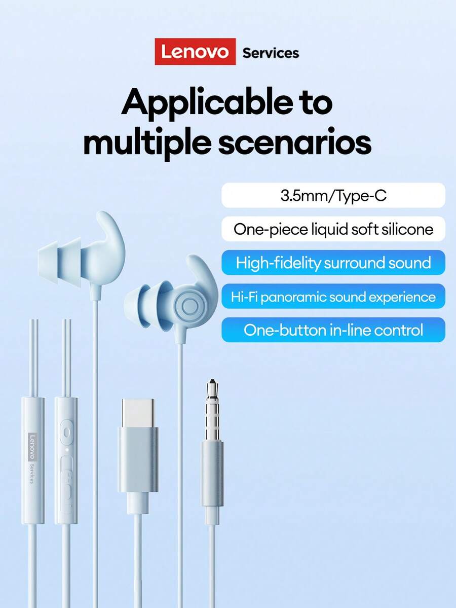 Tai nghe có dây Lenovo YF40 với cổng Type-C & 3.5mm, khử tiếng ồn kép, âm thanh vòm HiFi, micro độ nét cao, lý tưởng cho nghe nhạc, chơi game, làm việc văn phòng, tập luyện, nút tai bằng silicon thoải mái. - Màu xanh lam - Xem 1