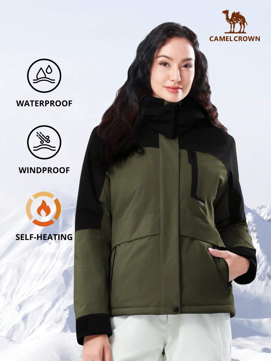CAMEL CROWN 女士防水滑雪服，保暖内衬，带帽，防风，冬季滑雪服 - 綠色 - 查看 1