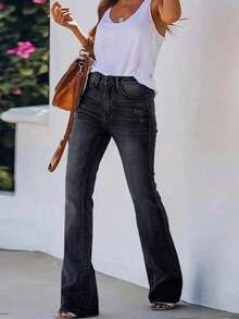 Women's Jeans, Y2K Style Women's Wear, Slim-Fit/Tight Pants, Casual And Versatile, Mid-Waist > Jeans, Flared Pants, Suitable For All Seasons, Pocket Design, Perfect For Going Out, Cocktail Parties, Parties, Christmas, Nightclubs, Banquets, Film Festivals, Cinemas, Balls, Cocktail Parties, Bars, Weddings, Graduation Ceremonies, Homecoming, Birthday Parties, Rebellious Girls, Festival-Themed Parties Going Out Outfits, Streetwear, Fashion Shows, Dates, Valentine's Day, Going Out To Work At University, School, Village, Concerts, Street Girls, Teenage Girls, Country-Style Women's Clothing, The Best Women Going Out, Ladies' Vacation Clothing, Country-Style Concerts - 黑色 - 查看 5