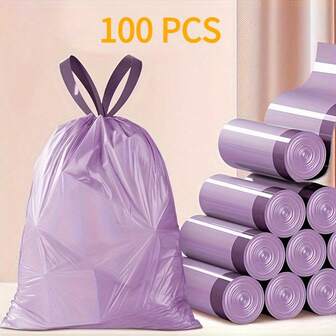 100/200 bolsas de basura con cordón moradas, bolsas de basura desechables gruesas y a prueba de fugas para uso doméstico múltiple en cocina, baño, dormitorio, sala de estar y baño
