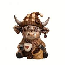 2026-NEW[ Latest Style]Hand-Painted Scottish Highland Cow Statue - Resin Ornament With Plaid Hat & Coffee Mug, Sitting Cow With Coffee Beans, Vintage Scottish Theme Decor For Home, Office, Or Gifts (Christmas, Halloween, Easter) - Cow Lover Gift - B - 查看 10